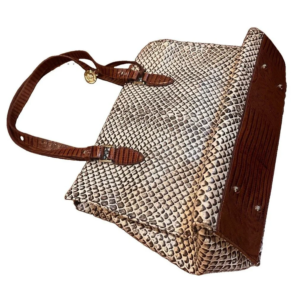 Brahmin Large Asher Tote Snake Embossed Leather Shoulder Bag Brown Ivory Purse